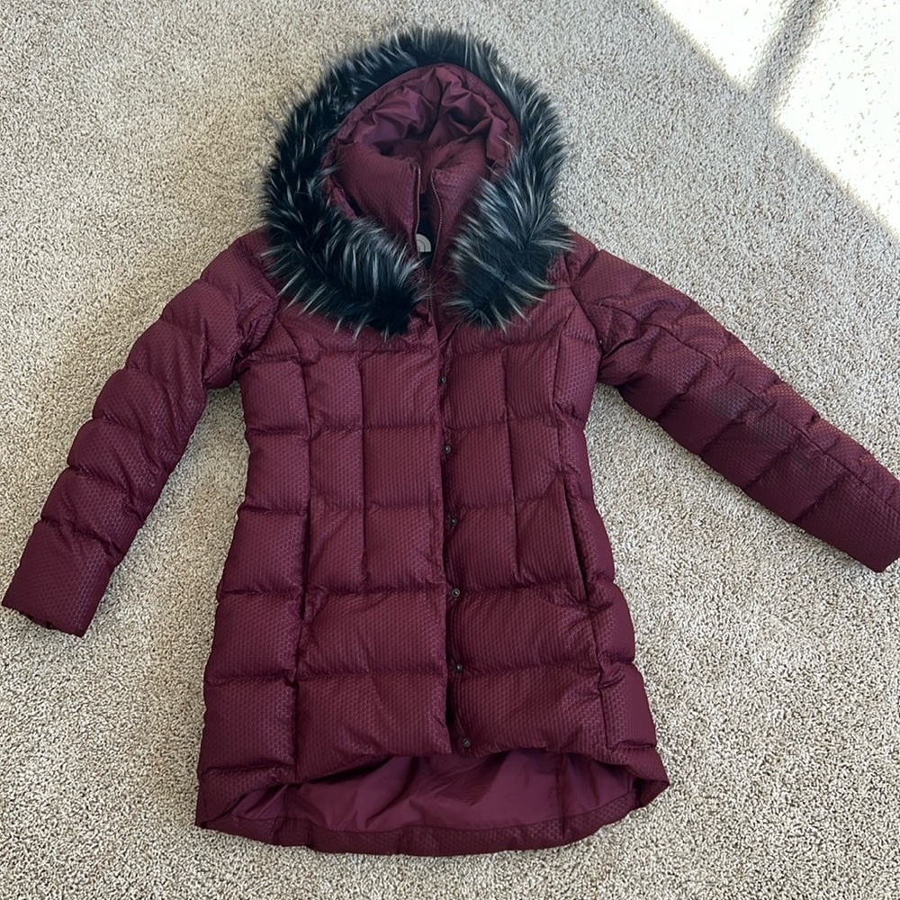 Burgundy North Face Puffer with Fur Hood